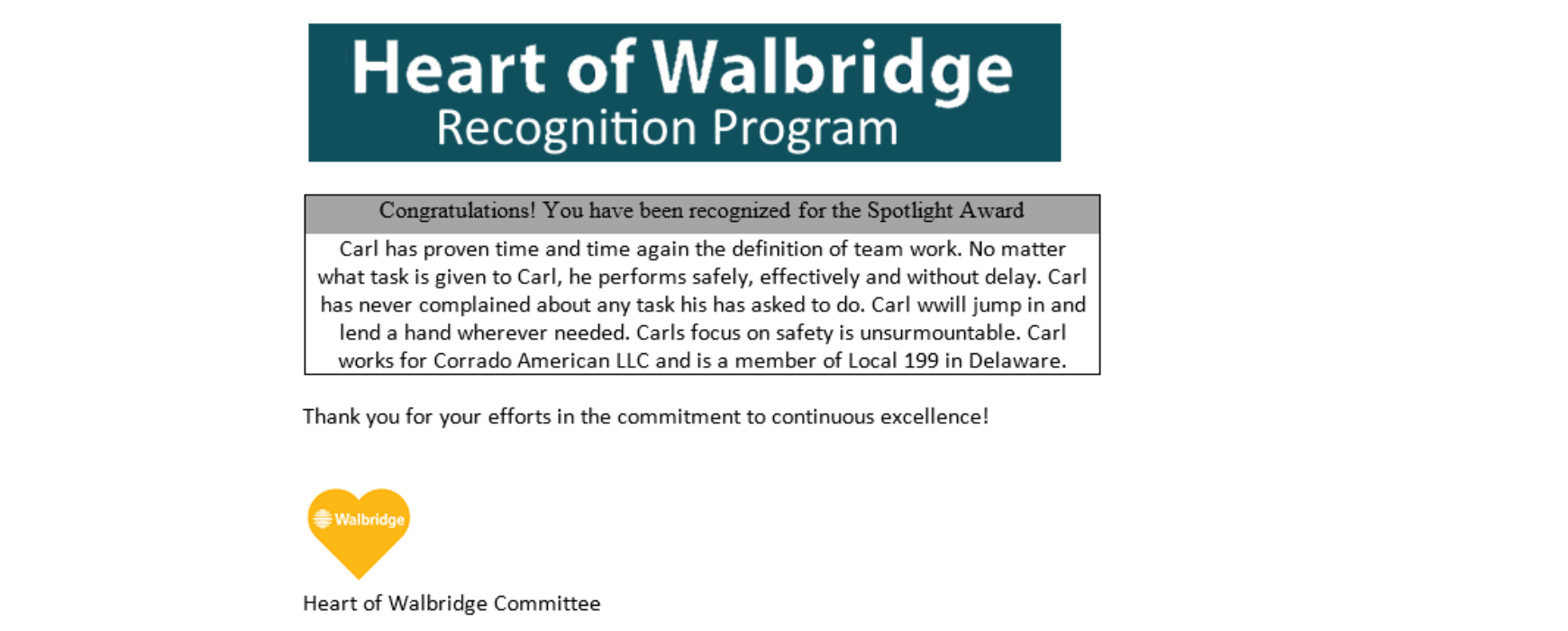 Heart of Walbridge Recognition Program